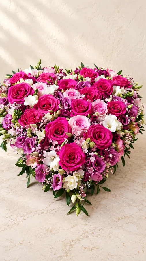 Herzförmiges Blumenarrangement in Pink und Rosa