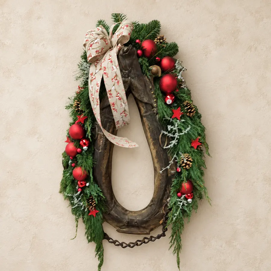 Hufeisenförmiger Adventsschmuck mit roten Kugeln und Tannengrün