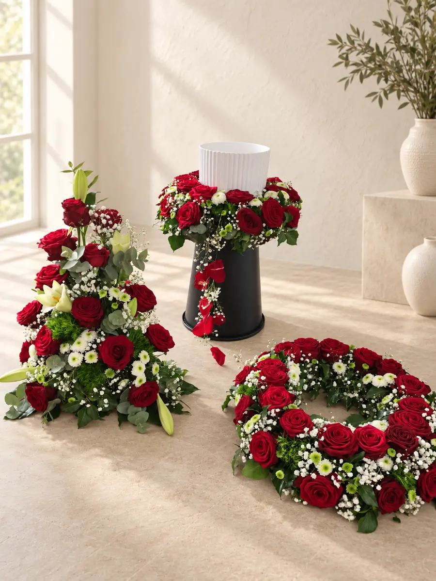 Trauerfloristik mit roten Rosen und weißen Akzenten